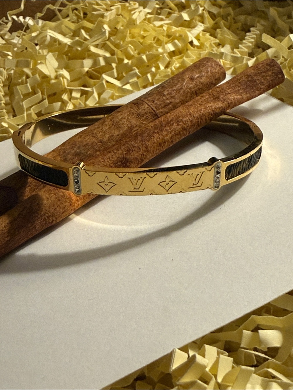 Gold and Brown Logo Monogram Bangle with Crystal Accents